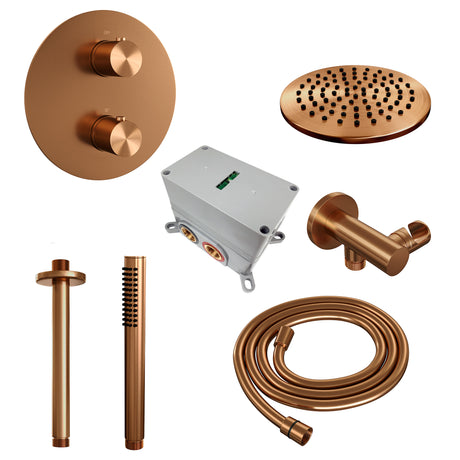 BRAUER Copper Edition thermostatische inbouw regendouche 3-weg rond SET 77 met 20 cm douchekop en plafondarm en staaf handdouche en doucheslang en wandaansluitbocht koper geborsteld PVD 5-GK-271