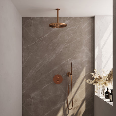 BRAUER Copper Edition thermostatische inbouw regendouche 3-weg rond SET 78 met 30 cm douchekop en plafondarm en staaf handdouche en doucheslang en wandaansluitbocht koper geborsteld PVD 5-GK-272