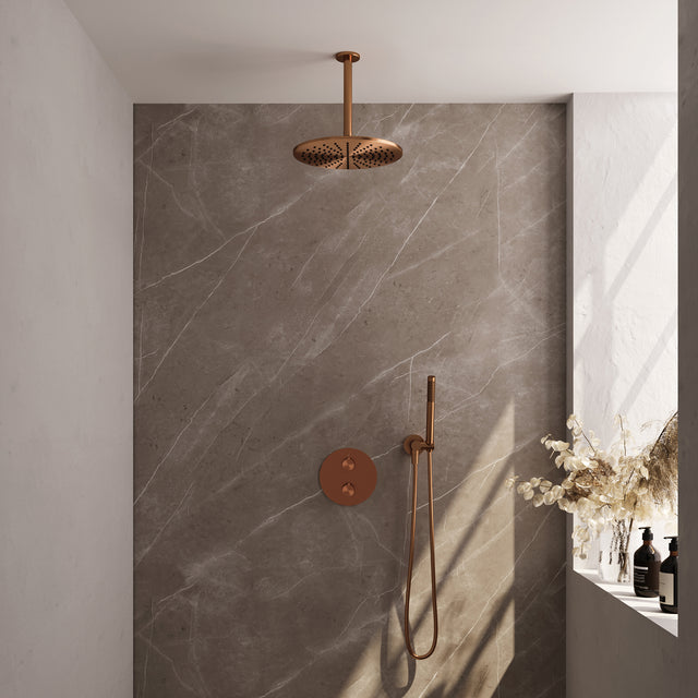 BRAUER Copper Edition thermostatische inbouw regendouche 3-weg rond SET 78 met 30 cm douchekop en plafondarm en staaf handdouche en doucheslang en wandaansluitbocht koper geborsteld PVD 5-GK-272