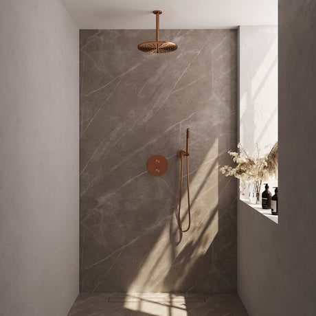 BRAUER Copper Edition thermostatische inbouw regendouche 3-weg rond SET 78 met 30 cm douchekop en plafondarm en staaf handdouche en doucheslang en wandaansluitbocht koper geborsteld PVD 5-GK-272