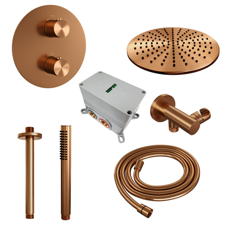 BRAUER Copper Edition thermostatische inbouw regendouche 3-weg rond SET 78 met 30 cm douchekop en plafondarm en staaf handdouche en doucheslang en wandaansluitbocht koper geborsteld PVD 5-GK-272
