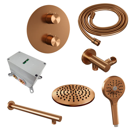 BRAUER Copper Edition thermostatische inbouw regendouche 3-weg rond SET 79 met 20 cm douchekop en rechte muurarm en 3-standen handdouche en doucheslang en wandaansluitbocht koper geborsteld PVD 5-GK-273