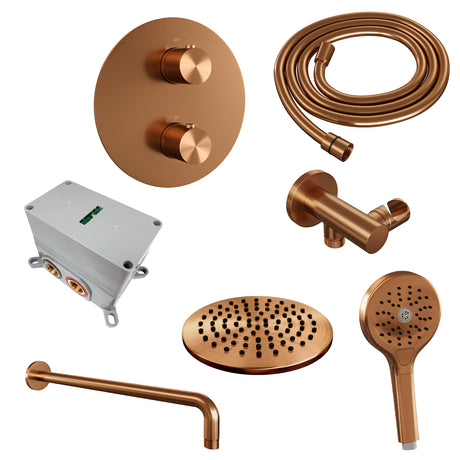 BRAUER Copper Edition thermostatische inbouw regendouche 3-weg rond SET 81 met 20 cm douchekop en gebogen muurarm en 3-standen handdouche en doucheslang en wandaansluitbocht koper geborsteld PVD 5-GK-275