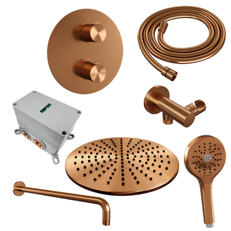BRAUER Copper Edition thermostatische inbouw regendouche 3-weg rond SET 82 met 30 cm douchekop en gebogen muurarm en 3-standen handdouche en doucheslang en wandaansluitbocht koper geborsteld PVD 5-GK-276