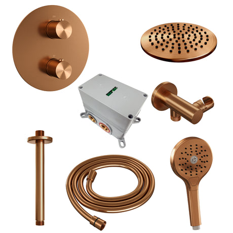 BRAUER Copper Edition thermostatische inbouw regendouche 3-weg rond SET 83 met 20 cm douchekop en plafondarm en 3-standen handdouche en doucheslang en wandaansluitbocht koper geborsteld PVD 5-GK-277