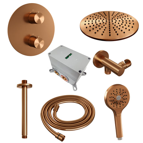 BRAUER Copper Edition thermostatische inbouw regendouche 3-weg rond SET 84 met 30 cm douchekop en plafondarm en 3-standen handdouche en doucheslang en wandaansluitbocht koper geborsteld PVD 5-GK-278