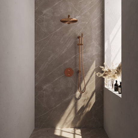 BRAUER Copper Edition thermostatische inbouw regendouche 3-weg rond SET 86 met 30 cm douchekop en rechte muurarm en staaf handdouche en doucheslang en geÃ¯ntegreerde glijstang koper geborsteld PVD 5-GK-280