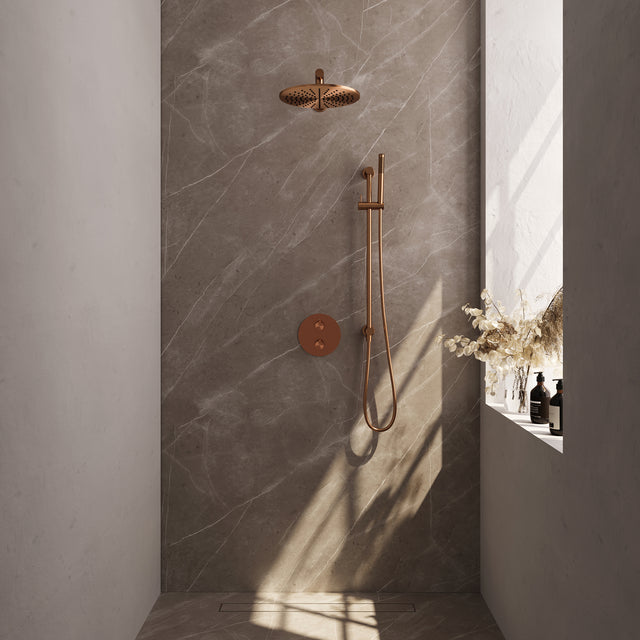 BRAUER Copper Edition thermostatische inbouw regendouche 3-weg rond SET 86 met 30 cm douchekop en rechte muurarm en staaf handdouche en doucheslang en geÃ¯ntegreerde glijstang koper geborsteld PVD 5-GK-280