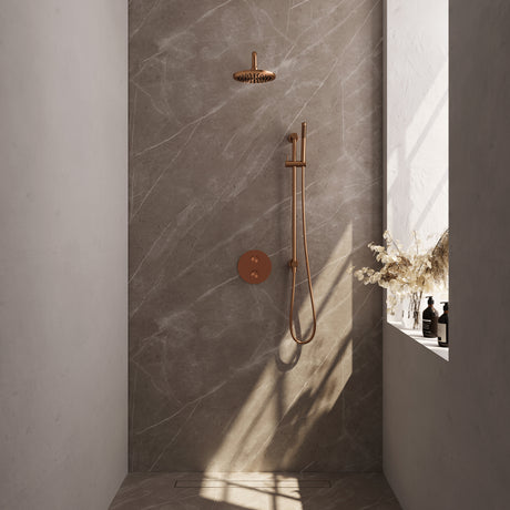 BRAUER Copper Edition thermostatische inbouw regendouche 3-weg rond SET 87 met 20 cm douchekop en gebogen muurarm en staaf handdouche en doucheslang en geÃ¯ntegreerde glijstang koper geborsteld PVD 5-GK-281