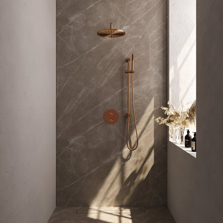 BRAUER Copper Edition thermostatische inbouw regendouche 3-weg rond SET 88 met 30 cm douchekop en gebogen muurarm en staaf handdouche en doucheslang en geÃ¯ntegreerde glijstang koper geborsteld PVD 5-GK-282