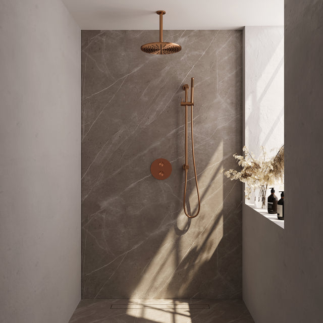 BRAUER Copper Edition thermostatische inbouw regendouche 3-weg rond SET 90 met 30 cm douchekop en plafondarm en staaf handdouche en doucheslang en geÃ¯ntegreerde glijstang koper geborsteld PVD 5-GK-284