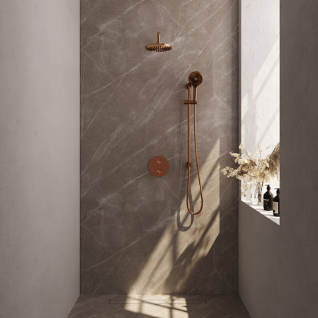 BRAUER Copper Edition thermostatische inbouw regendouche 3-weg rond SET 93 met 20 cm douchekop en gebogen muurarm en 3-standen handdouche en doucheslang en geÃ¯ntegreerde glijstang koper geborsteld PVD 5-GK-287