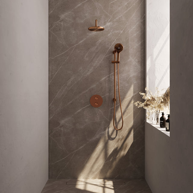 BRAUER Copper Edition thermostatische inbouw regendouche 3-weg rond SET 93 met 20 cm douchekop en gebogen muurarm en 3-standen handdouche en doucheslang en geÃ¯ntegreerde glijstang koper geborsteld PVD 5-GK-287