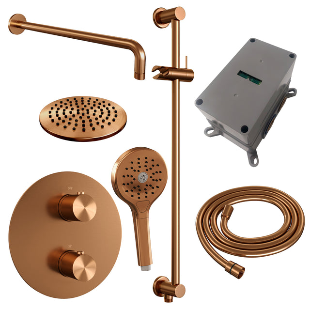 BRAUER Copper Edition thermostatische inbouw regendouche 3-weg rond SET 93 met 20 cm douchekop en gebogen muurarm en 3-standen handdouche en doucheslang en geÃ¯ntegreerde glijstang koper geborsteld PVD 5-GK-287