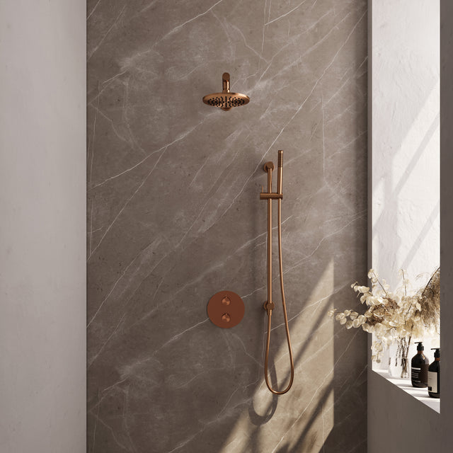 BRAUER Copper Carving thermostatische inbouw regendouche 3-weg rond SET 85 met 20 cm douchekop en rechte muurarm en staaf handdouche en doucheslang en geÃ¯ntegreerde glijstang koper geborsteld PVD 5-GK-303