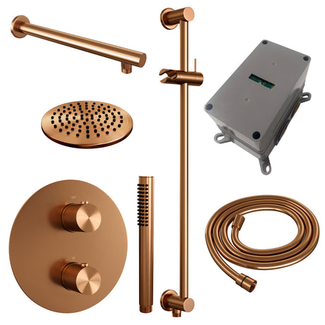 BRAUER Copper Carving thermostatische inbouw regendouche 3-weg rond SET 85 met 20 cm douchekop en rechte muurarm en staaf handdouche en doucheslang en geÃ¯ntegreerde glijstang koper geborsteld PVD 5-GK-303