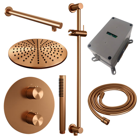 BRAUER Copper Carving thermostatische inbouw regendouche 3-weg rond SET 86 met 30 cm douchekop en rechte muurarm en staaf handdouche en doucheslang en geÃ¯ntegreerde glijstang koper geborsteld PVD 5-GK-304
