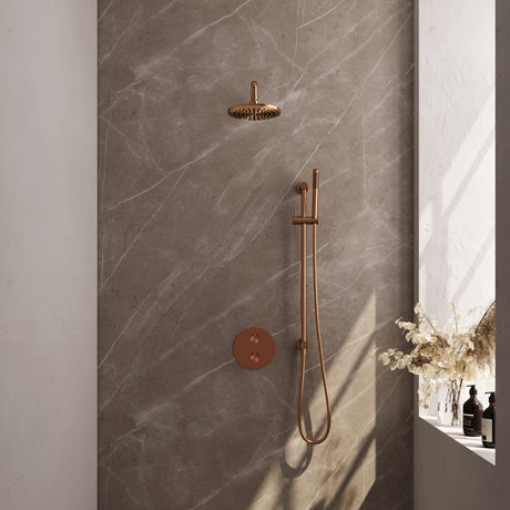 BRAUER Copper Carving thermostatische inbouw regendouche 3-weg rond SET 87 met 20 cm douchekop en gebogen muurarm en staaf handdouche en doucheslang en geÃ¯ntegreerde glijstang koper geborsteld PVD 5-GK-305