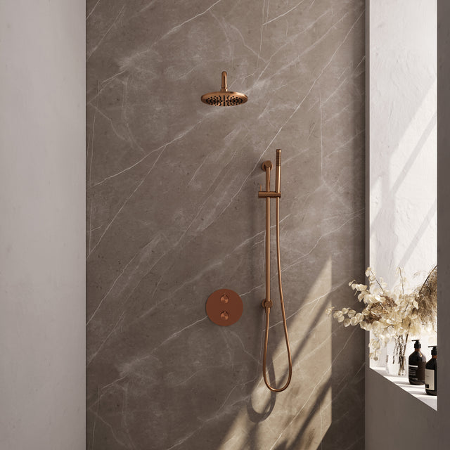 BRAUER Copper Carving thermostatische inbouw regendouche 3-weg rond SET 87 met 20 cm douchekop en gebogen muurarm en staaf handdouche en doucheslang en geÃ¯ntegreerde glijstang koper geborsteld PVD 5-GK-305