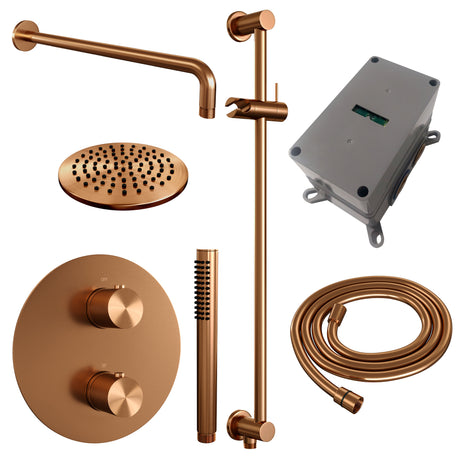 BRAUER Copper Carving thermostatische inbouw regendouche 3-weg rond SET 87 met 20 cm douchekop en gebogen muurarm en staaf handdouche en doucheslang en geÃ¯ntegreerde glijstang koper geborsteld PVD 5-GK-305