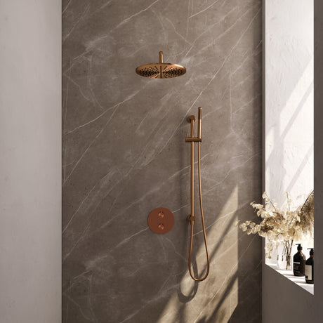 BRAUER Copper Carving thermostatische inbouw regendouche 3-weg rond SET 88 met 30 cm douchekop en gebogen muurarm en staaf handdouche en doucheslang en geÃ¯ntegreerde glijstang koper geborsteld PVD 5-GK-306