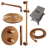BRAUER Copper Carving thermostatische inbouw regendouche 3-weg rond SET 88 met 30 cm douchekop en gebogen muurarm en staaf handdouche en doucheslang en geÃ¯ntegreerde glijstang koper geborsteld PVD 5-GK-306