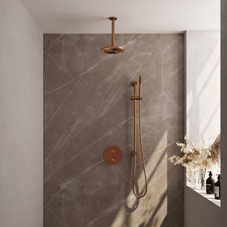 BRAUER Copper Carving thermostatische inbouw regendouche 3-weg rond SET 89 met 20 cm douchekop en plafondarm en staaf handdouche en doucheslang en geÃ¯ntegreerde glijstang koper geborsteld PVD 5-GK-307