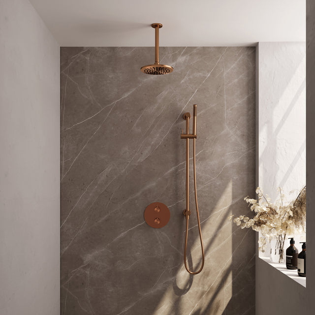 BRAUER Copper Carving thermostatische inbouw regendouche 3-weg rond SET 89 met 20 cm douchekop en plafondarm en staaf handdouche en doucheslang en geÃ¯ntegreerde glijstang koper geborsteld PVD 5-GK-307