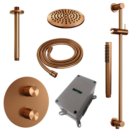 BRAUER Copper Carving thermostatische inbouw regendouche 3-weg rond SET 89 met 20 cm douchekop en plafondarm en staaf handdouche en doucheslang en geÃ¯ntegreerde glijstang koper geborsteld PVD 5-GK-307