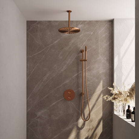 BRAUER Copper Carving thermostatische inbouw regendouche 3-weg rond SET 90 met 30 cm douchekop en plafondarm en staaf handdouche en doucheslang en geÃ¯ntegreerde glijstang koper geborsteld PVD 5-GK-308