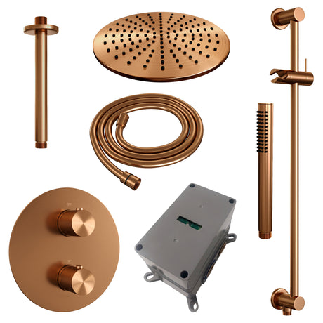 BRAUER Copper Carving thermostatische inbouw regendouche 3-weg rond SET 90 met 30 cm douchekop en plafondarm en staaf handdouche en doucheslang en geÃ¯ntegreerde glijstang koper geborsteld PVD 5-GK-308