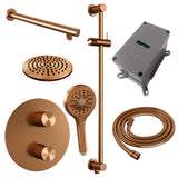 BRAUER Copper Carving thermostatische inbouw regendouche 3-weg rond SET 91 met 20 cm douchekop en rechte muurarm en 3-standen handdouche en doucheslang en geÃ¯ntegreerde glijstang koper geborsteld PVD 5-GK-309