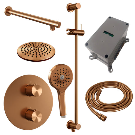 BRAUER Copper Carving thermostatische inbouw regendouche 3-weg rond SET 91 met 20 cm douchekop en rechte muurarm en 3-standen handdouche en doucheslang en geÃ¯ntegreerde glijstang koper geborsteld PVD 5-GK-309