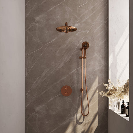 BRAUER Copper Carving thermostatische inbouw regendouche 3-weg rond SET 92 met 30 cm douchekop en rechte muurarm en 3-standen handdouche en doucheslang en geÃ¯ntegreerde glijstang koper geborsteld PVD 5-GK-310