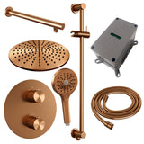 BRAUER Copper Carving thermostatische inbouw regendouche 3-weg rond SET 92 met 30 cm douchekop en rechte muurarm en 3-standen handdouche en doucheslang en geÃ¯ntegreerde glijstang koper geborsteld PVD 5-GK-310