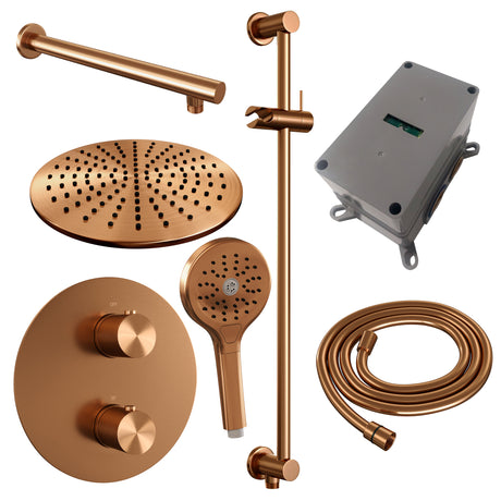 BRAUER Copper Carving thermostatische inbouw regendouche 3-weg rond SET 92 met 30 cm douchekop en rechte muurarm en 3-standen handdouche en doucheslang en geÃ¯ntegreerde glijstang koper geborsteld PVD 5-GK-310