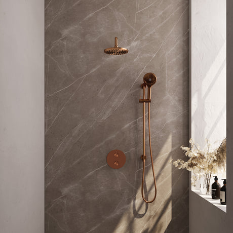 BRAUER Copper Carving thermostatische inbouw regendouche 3-weg rond SET 93 met 20 cm douchekop en gebogen muurarm en 3-standen handdouche en doucheslang en geÃ¯ntegreerde glijstang koper geborsteld PVD 5-GK-311