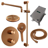 BRAUER Copper Carving thermostatische inbouw regendouche 3-weg rond SET 93 met 20 cm douchekop en gebogen muurarm en 3-standen handdouche en doucheslang en geÃ¯ntegreerde glijstang koper geborsteld PVD 5-GK-311