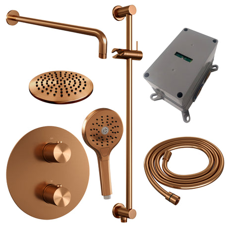 BRAUER Copper Carving thermostatische inbouw regendouche 3-weg rond SET 93 met 20 cm douchekop en gebogen muurarm en 3-standen handdouche en doucheslang en geÃ¯ntegreerde glijstang koper geborsteld PVD 5-GK-311