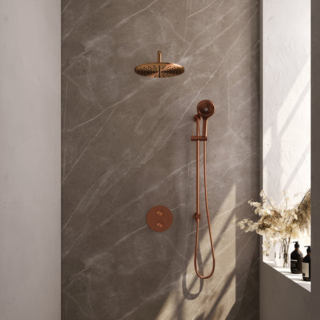 BRAUER Copper Carving thermostatische inbouw regendouche 3-weg rond SET 94 met 30 cm douchekop en gebogen muurarm en 3-standen handdouche en doucheslang en geÃ¯ntegreerde glijstang koper geborsteld PVD 5-GK-312