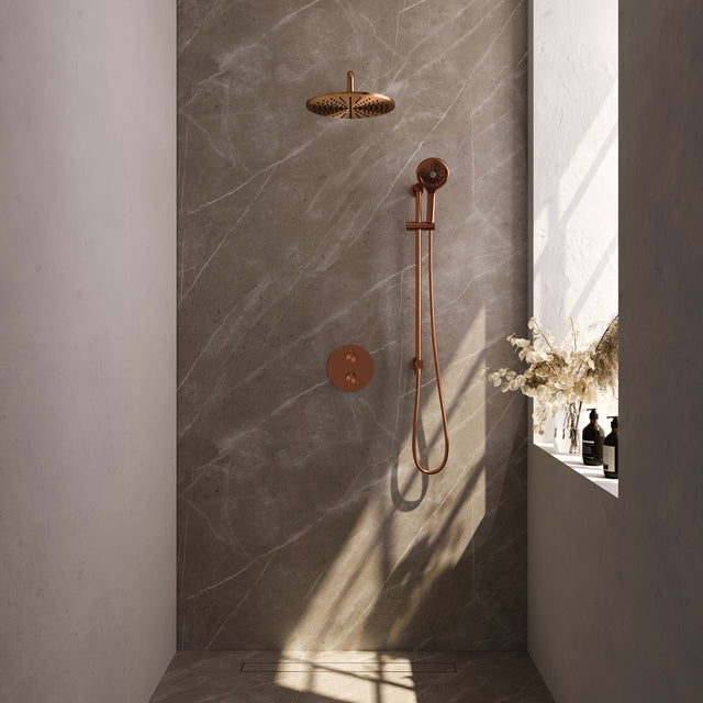 BRAUER Copper Carving thermostatische inbouw regendouche 3-weg rond SET 94 met 30 cm douchekop en gebogen muurarm en 3-standen handdouche en doucheslang en geÃ¯ntegreerde glijstang koper geborsteld PVD 5-GK-312