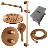 BRAUER Copper Carving thermostatische inbouw regendouche 3-weg rond SET 94 met 30 cm douchekop en gebogen muurarm en 3-standen handdouche en doucheslang en geÃ¯ntegreerde glijstang koper geborsteld PVD 5-GK-312