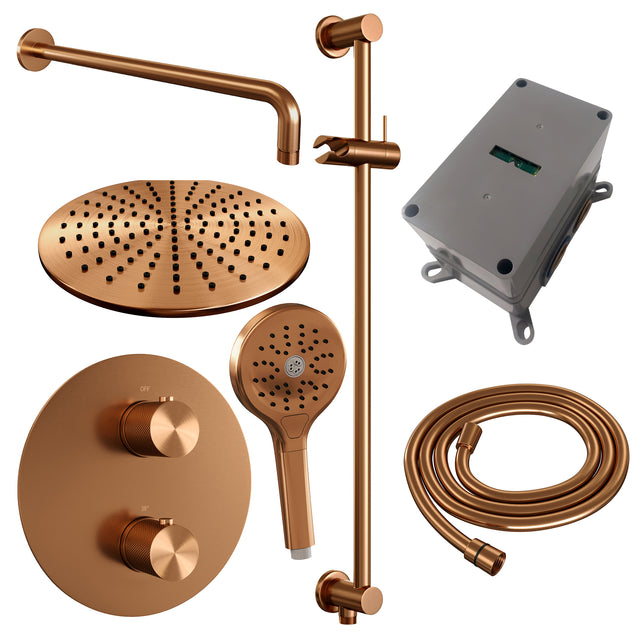 BRAUER Copper Carving thermostatische inbouw regendouche 3-weg rond SET 94 met 30 cm douchekop en gebogen muurarm en 3-standen handdouche en doucheslang en geÃ¯ntegreerde glijstang koper geborsteld PVD 5-GK-312