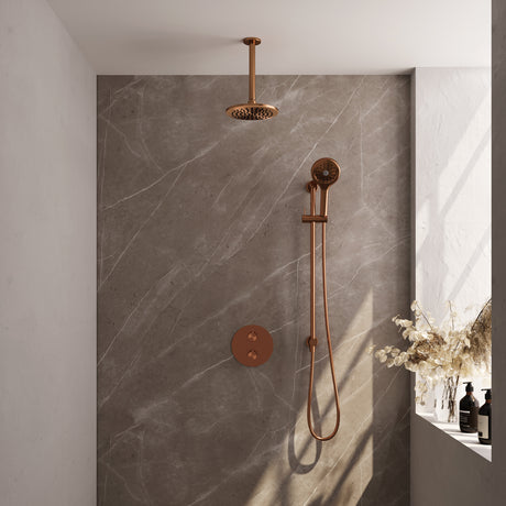 BRAUER Copper Carving thermostatische inbouw regendouche 3-weg rond SET 95 met 20 cm douchekop en plafondarm en 3-standen handdouche en doucheslang en geÃ¯ntegreerde glijstang koper geborsteld PVD 5-GK-313