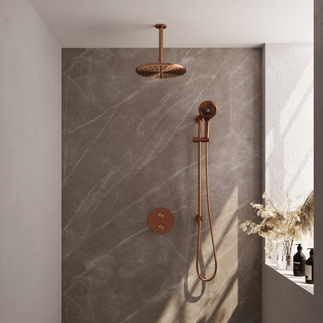 BRAUER Copper Carving thermostatische inbouw regendouche 3-weg rond SET 96 met 30 cm douchekop en plafondarm en 3-standen handdouche en doucheslang en geÃ¯ntegreerde glijstang koper geborsteld PVD 5-GK-314