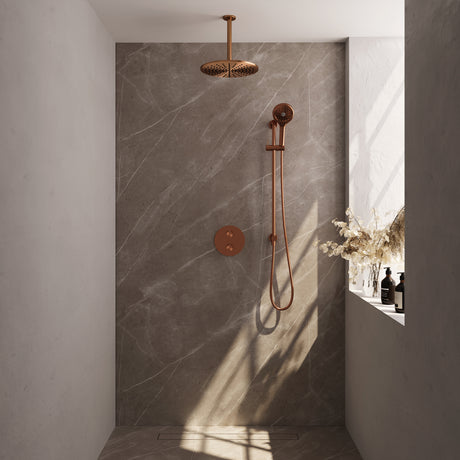 BRAUER Copper Carving thermostatische inbouw regendouche 3-weg rond SET 96 met 30 cm douchekop en plafondarm en 3-standen handdouche en doucheslang en geÃ¯ntegreerde glijstang koper geborsteld PVD 5-GK-314