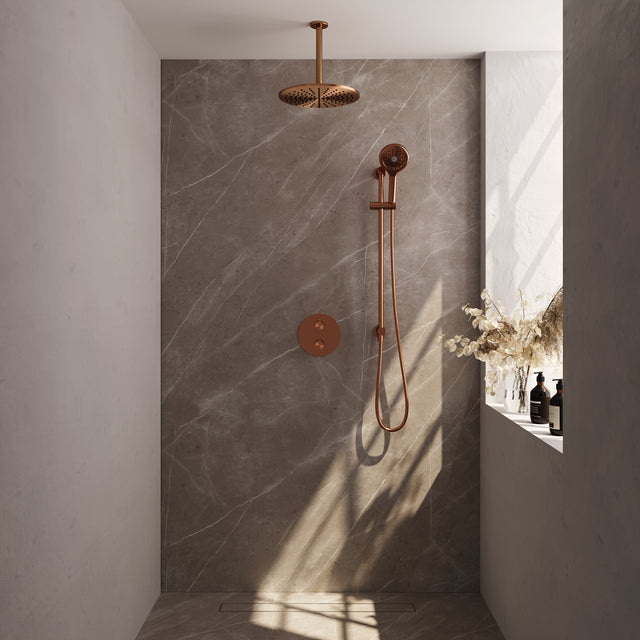 BRAUER Copper Carving thermostatische inbouw regendouche 3-weg rond SET 96 met 30 cm douchekop en plafondarm en 3-standen handdouche en doucheslang en geÃ¯ntegreerde glijstang koper geborsteld PVD 5-GK-314