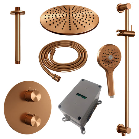 BRAUER Copper Carving thermostatische inbouw regendouche 3-weg rond SET 96 met 30 cm douchekop en plafondarm en 3-standen handdouche en doucheslang en geÃ¯ntegreerde glijstang koper geborsteld PVD 5-GK-314
