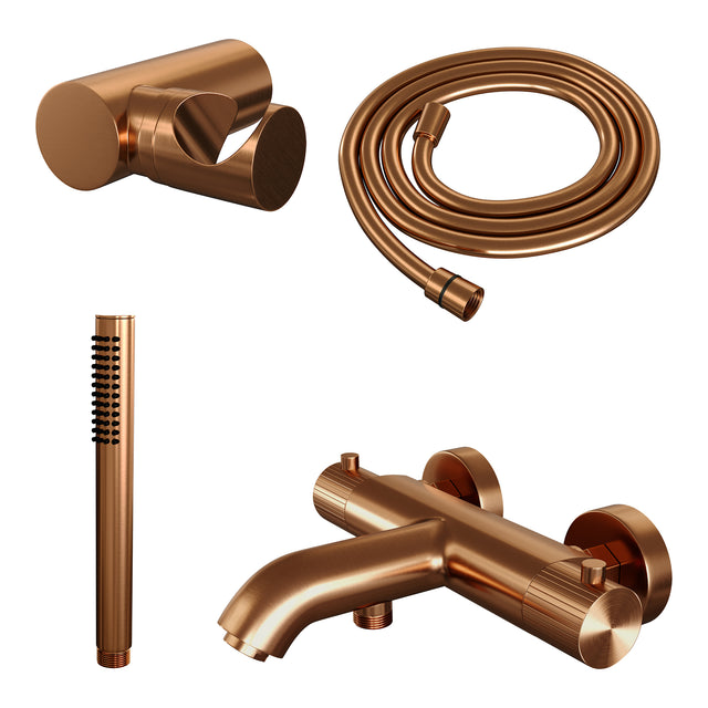 BRAUER Stripe opbouw baddouche thermostaatkraan SET 03 met wandhouder en staaf handdouche en doucheslang koper geborsteld PVD 5-GK-342