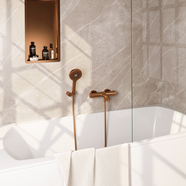 BRAUER Stripe opbouw baddouche thermostaatkraan SET 04 met wandhouder en 3-standen handdouche en doucheslang koper geborsteld PVD 5-GK-343